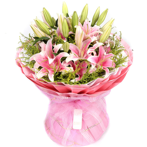 粉色百合花搭配束图片图片